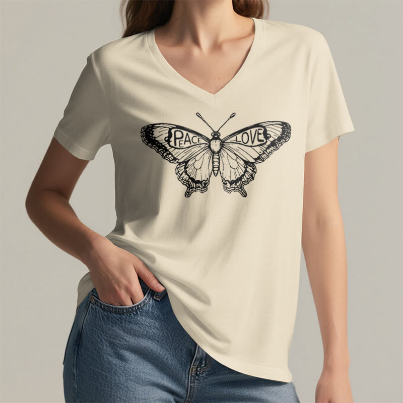 Camiseta Olivenorma de algodón con cuello en V y manga corta con mariposas "PEACE & LOVE" - image 13