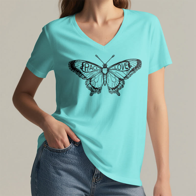 Camiseta Olivenorma de algodón con cuello en V y manga corta con mariposas "PEACE & LOVE" - image 15