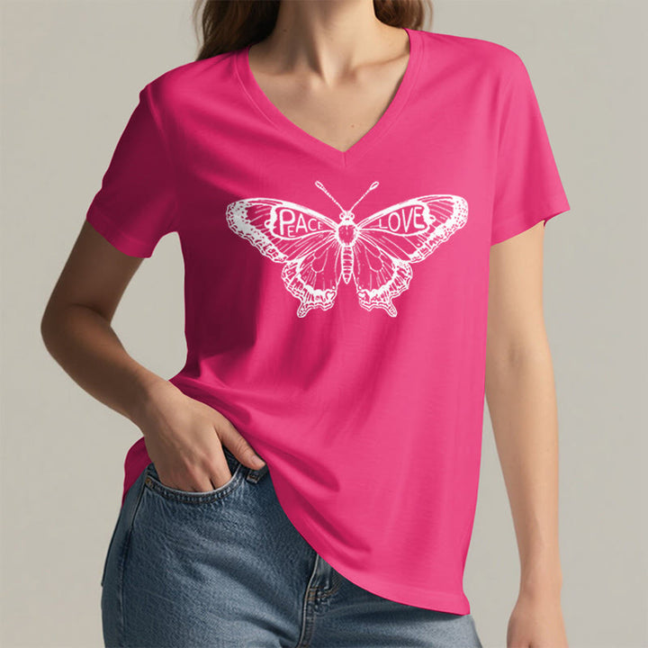 Camiseta Olivenorma de algodón con cuello en V y manga corta con mariposas "PEACE & LOVE" - image 31