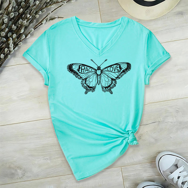 Camiseta Olivenorma de algodón con cuello en V y manga corta con mariposas "PEACE & LOVE" - Cian - 2XL - image 14