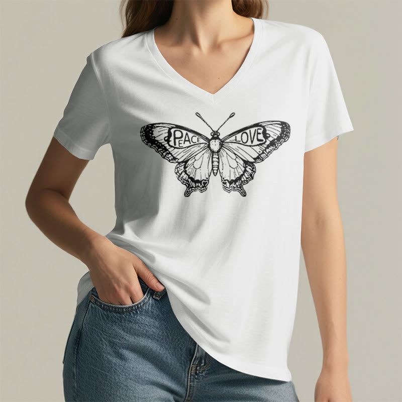 Camiseta Olivenorma de algodón con cuello en V y manga corta con mariposas "PEACE & LOVE" - image 11