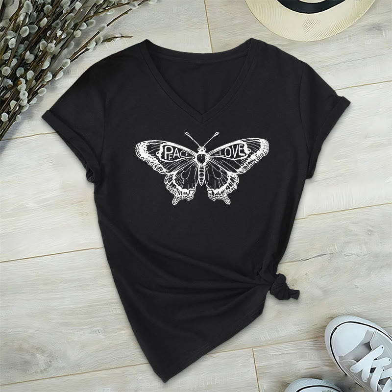 Camiseta Olivenorma de algodón con cuello en V y manga corta con mariposas "PEACE & LOVE" - Negro - 2XL - image 8