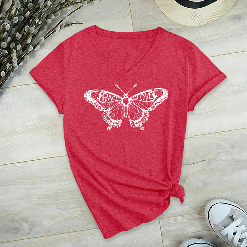 Camiseta Olivenorma de algodón con cuello en V y manga corta con mariposas "PEACE & LOVE" - Rojo - 2XL - image 28