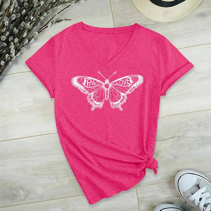 Camiseta Olivenorma de algodón con cuello en V y manga corta con mariposas "PEACE & LOVE" - Rosa intenso - 2XL - image 30