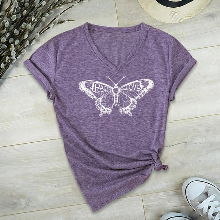 Camiseta Olivenorma de algodón con cuello en V y manga corta con mariposas "PEACE & LOVE" - Púrpura - 2XL - image 18