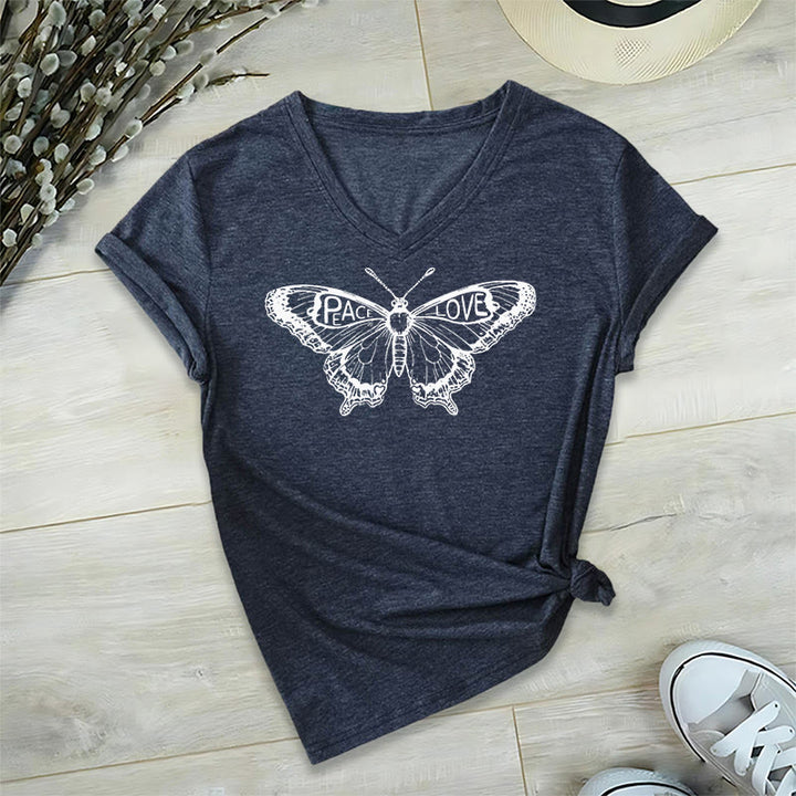 Camiseta Olivenorma de algodón con cuello en V y manga corta con mariposas "PEACE & LOVE" - Marina de guerra - 2XL - image 20