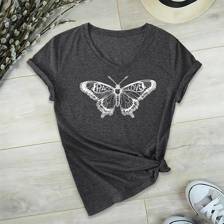 Camiseta Olivenorma de algodón con cuello en V y manga corta con mariposas "PEACE & LOVE" - Gris - 2XL - image 22