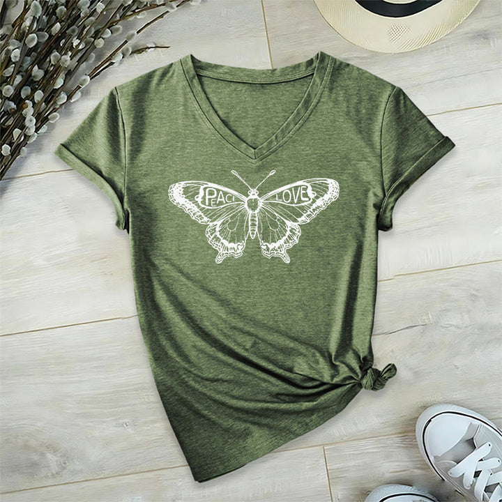 Camiseta Olivenorma de algodón con cuello en V y manga corta con mariposas "PEACE & LOVE" - Aceituna - 2XL - image 24