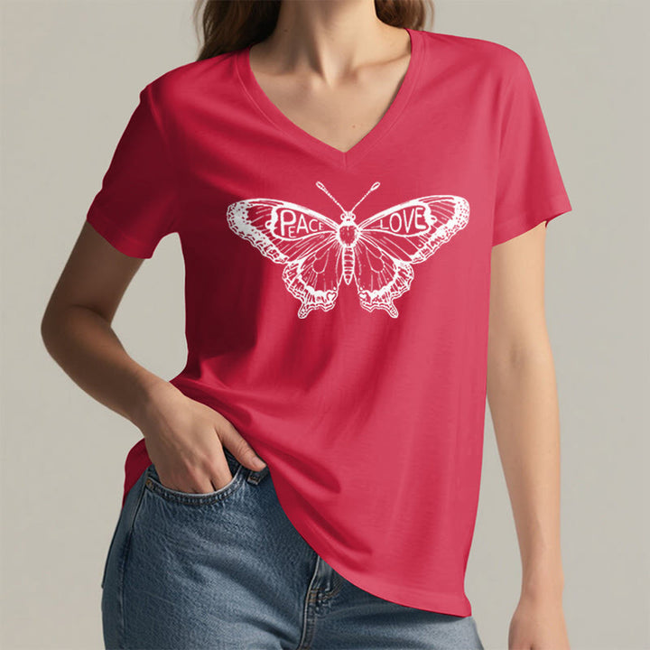 Camiseta Olivenorma de algodón con cuello en V y manga corta con mariposas "PEACE & LOVE" - image 29