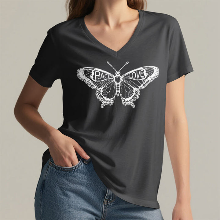 Camiseta Olivenorma de algodón con cuello en V y manga corta con mariposas "PEACE & LOVE" - image 23