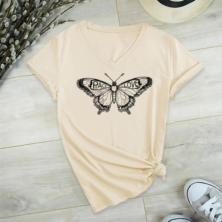 Camiseta Olivenorma de algodón con cuello en V y manga corta con mariposas "PEACE & LOVE" - Beige - 2XL - image 12