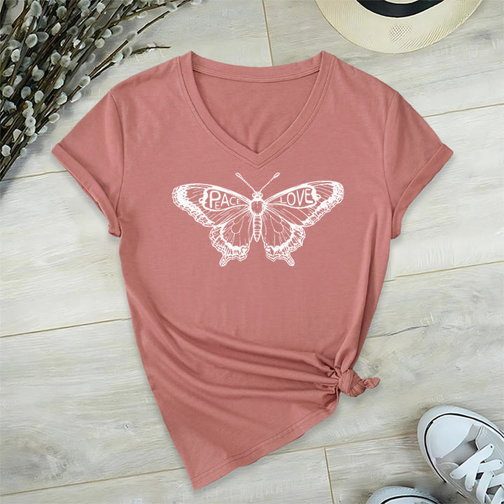 Camiseta Olivenorma de algodón con cuello en V y manga corta con mariposas "PEACE & LOVE" - Rosa - 2XL - image 26