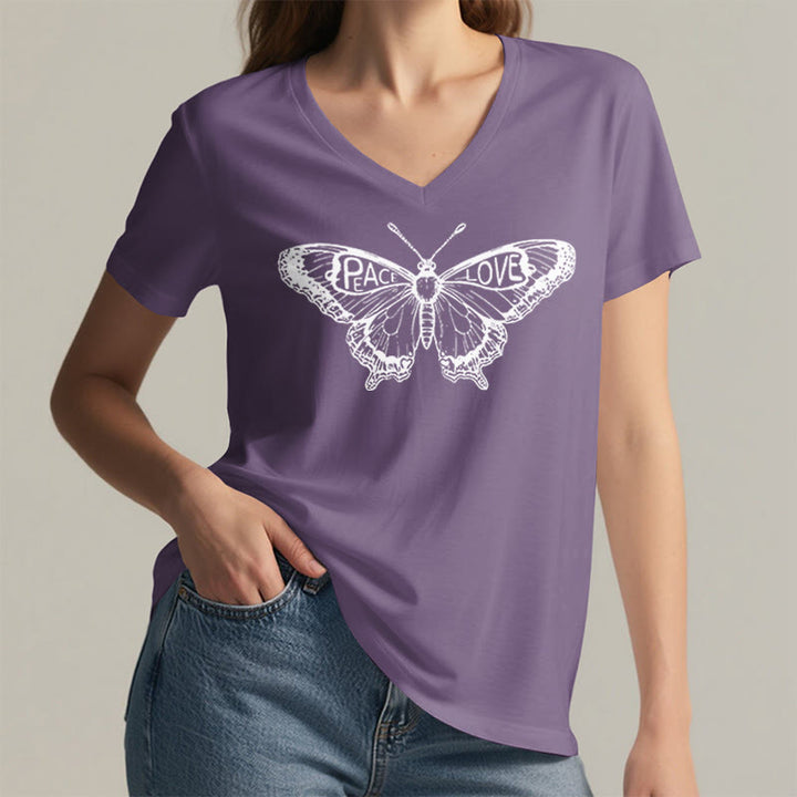 Camiseta Olivenorma de algodón con cuello en V y manga corta con mariposas "PEACE & LOVE" - image 19