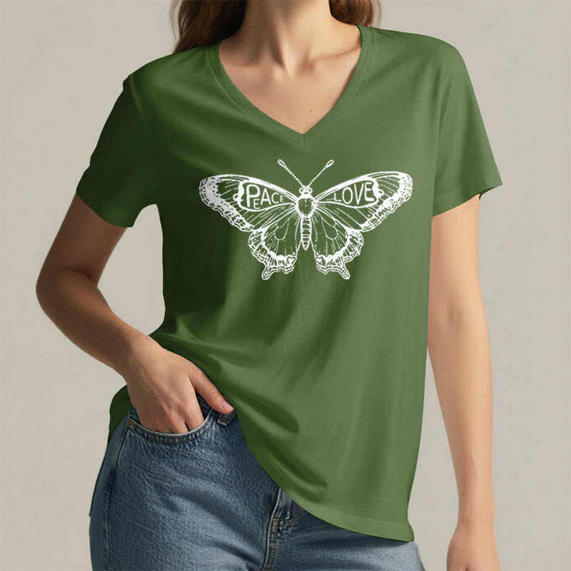 Camiseta Olivenorma de algodón con cuello en V y manga corta con mariposas "PEACE & LOVE" - image 25