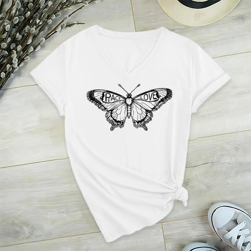 Camiseta Olivenorma de algodón con cuello en V y manga corta con mariposas "PEACE & LOVE" - Blanco - 2XL - image 10