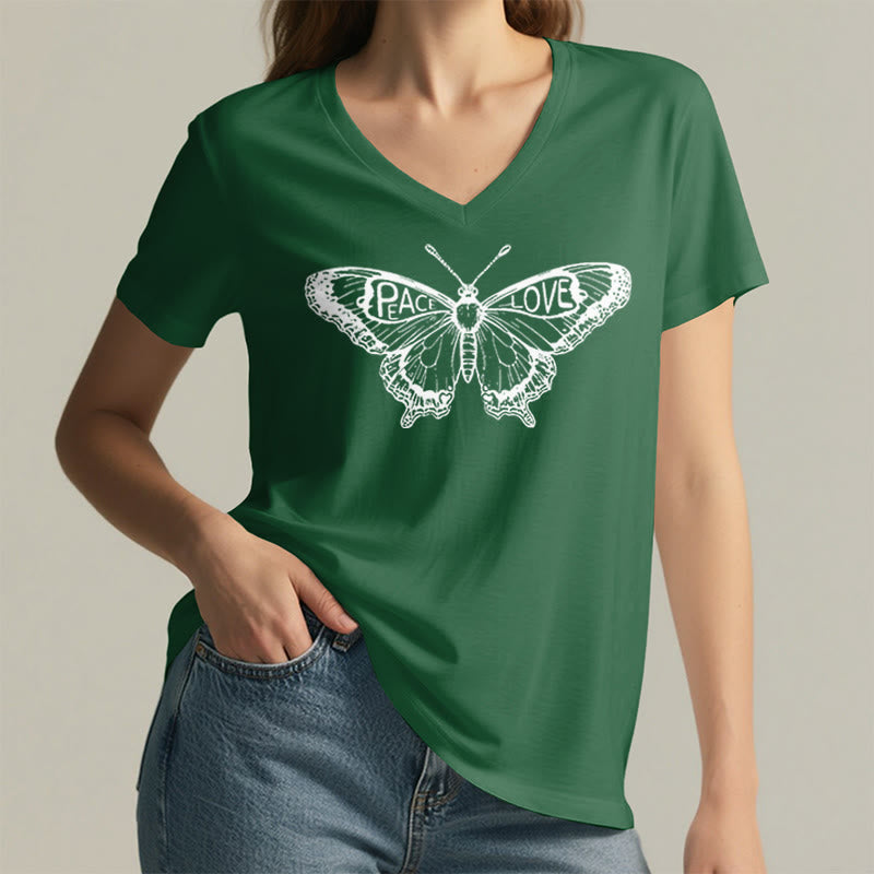 Camiseta Olivenorma de algodón con cuello en V y manga corta con mariposas "PEACE & LOVE" - image 17