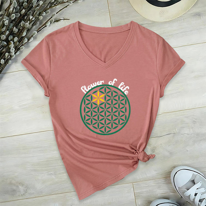Camiseta informal con cuello en V y estampado bohemio de la Flor de la Vida de Olivenorma - Rosa - 2XL - image 26