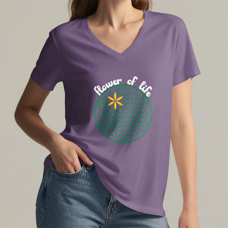 Camiseta informal con cuello en V y estampado bohemio de la Flor de la Vida de Olivenorma - image 19