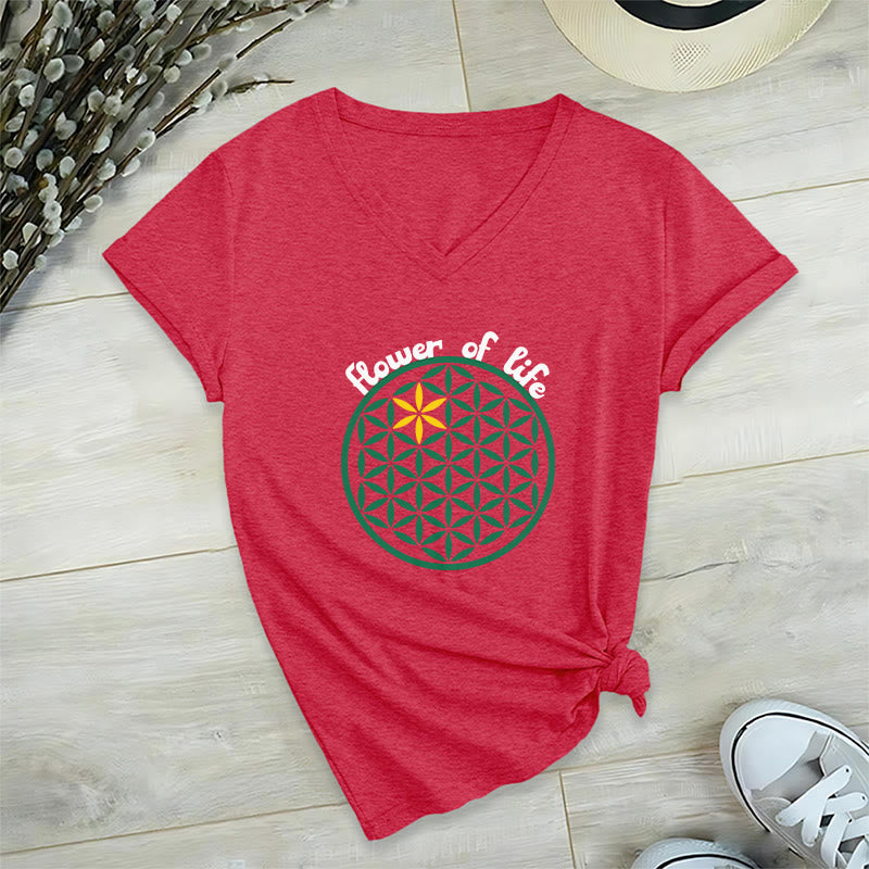 Camiseta informal con cuello en V y estampado bohemio de la Flor de la Vida de Olivenorma - Rojo - 2XL - image 28