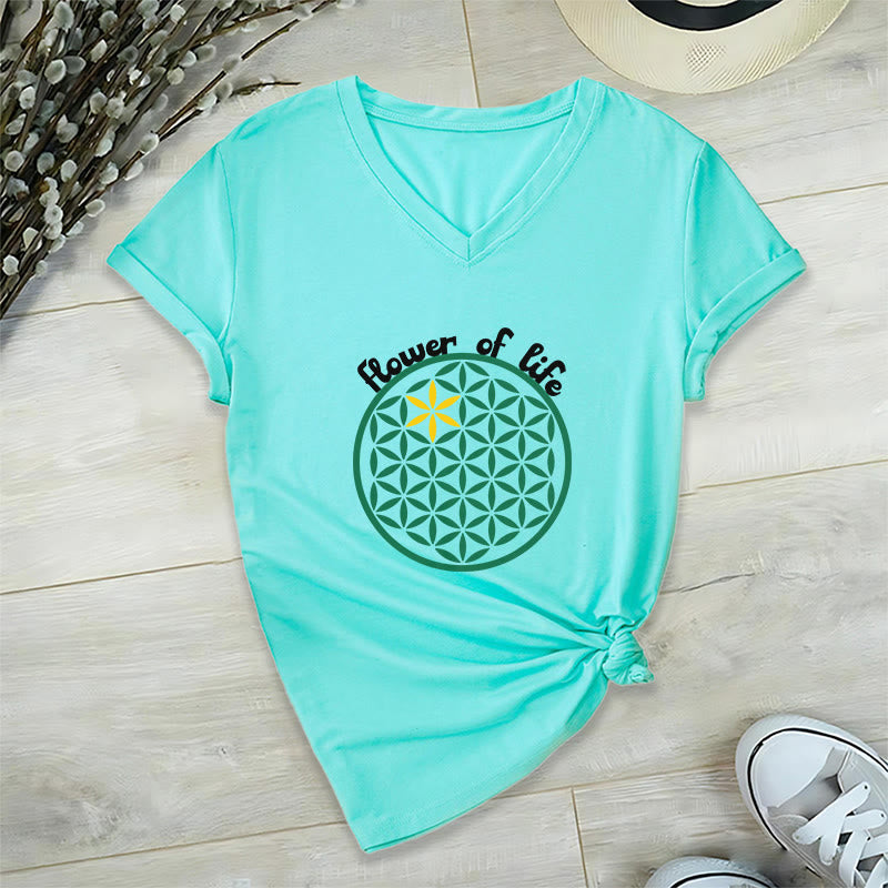 Camiseta informal con cuello en V y estampado bohemio de la Flor de la Vida de Olivenorma - Cian - 2XL - image 14