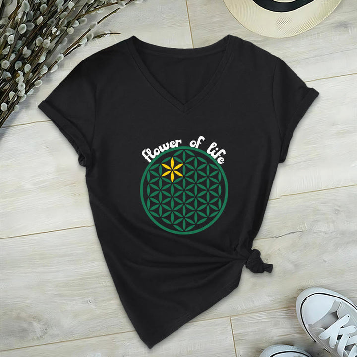 Camiseta informal con cuello en V y estampado bohemio de la Flor de la Vida de Olivenorma - Negro - 2XL - image 8
