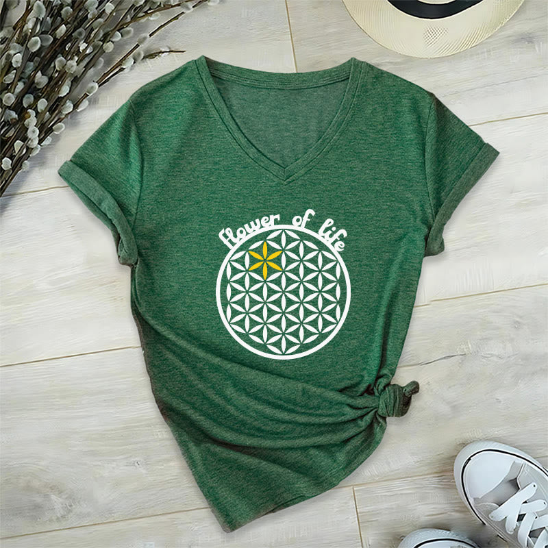 Camiseta informal con cuello en V y estampado bohemio de la Flor de la Vida de Olivenorma - Verde - 2XL - image 16