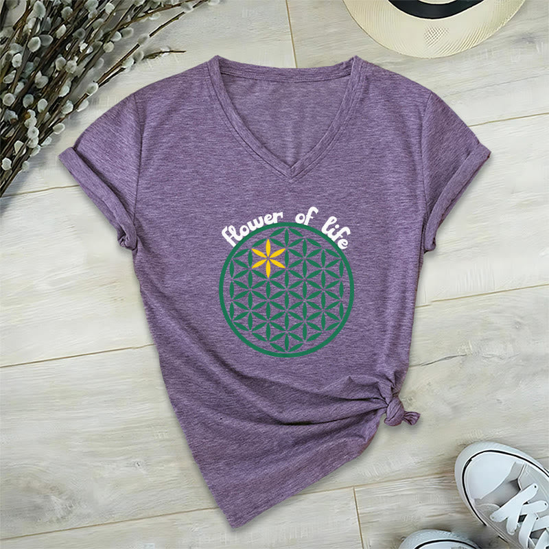 Camiseta informal con cuello en V y estampado bohemio de la Flor de la Vida de Olivenorma - Púrpura - 2XL - image 18