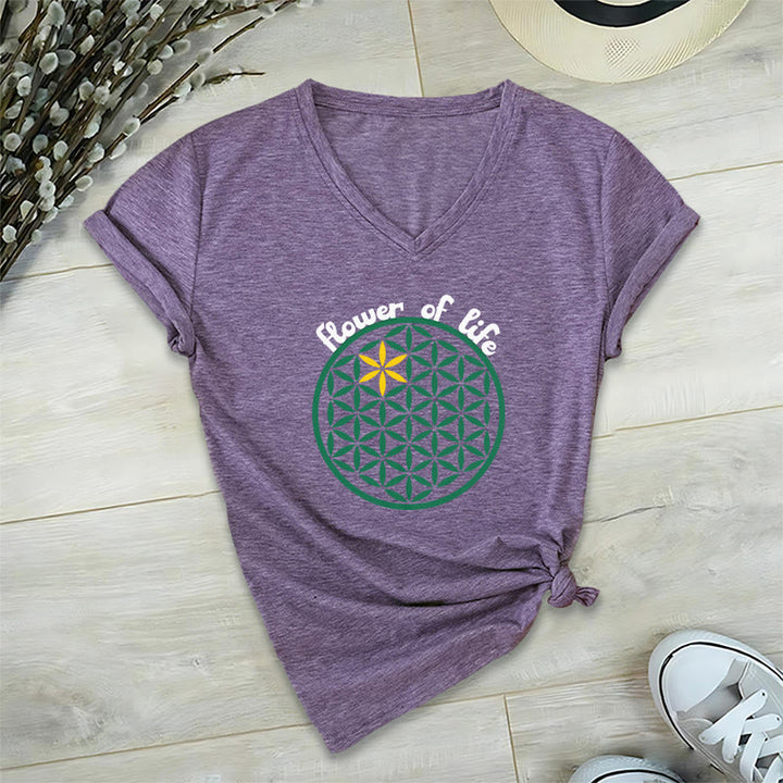 Camiseta informal con cuello en V y estampado bohemio de la Flor de la Vida de Olivenorma - Púrpura - 2XL - image 18