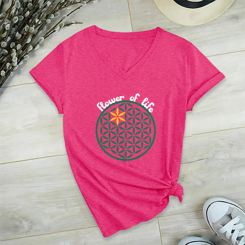 Camiseta informal con cuello en V y estampado bohemio de la Flor de la Vida de Olivenorma - Rosa intenso - 2XL - image 30