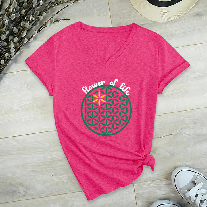 Camiseta informal con cuello en V y estampado bohemio de la Flor de la Vida de Olivenorma - Rosa intenso - 2XL - image 30