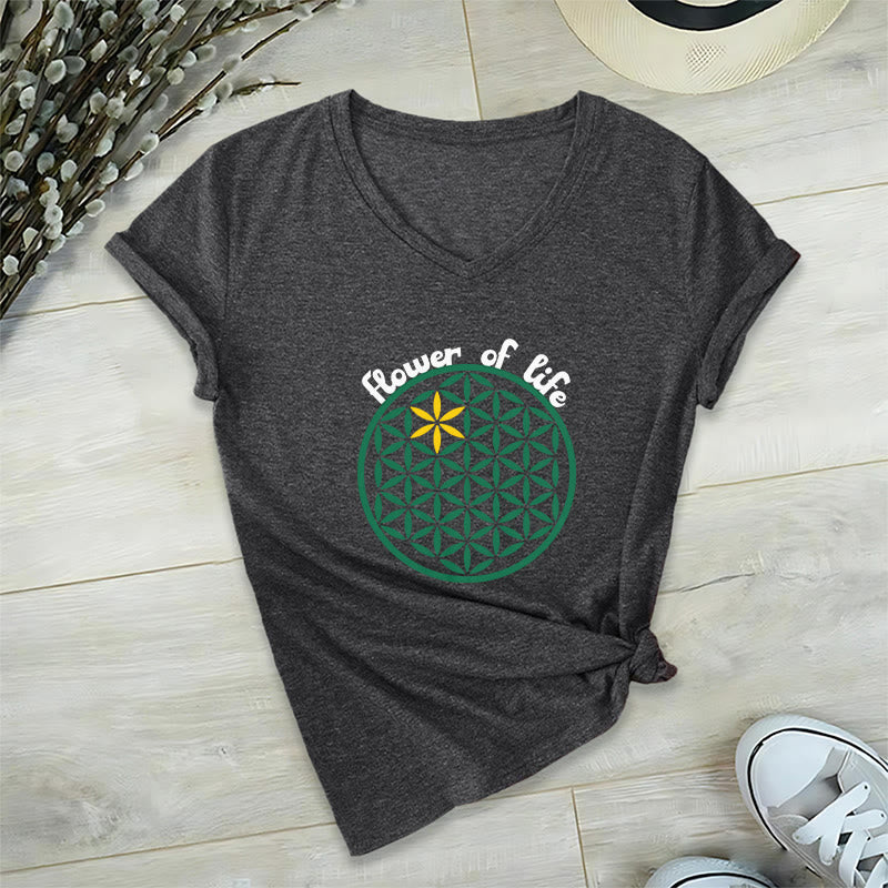 Camiseta informal con cuello en V y estampado bohemio de la Flor de la Vida de Olivenorma - Gris - 2XL - image 22