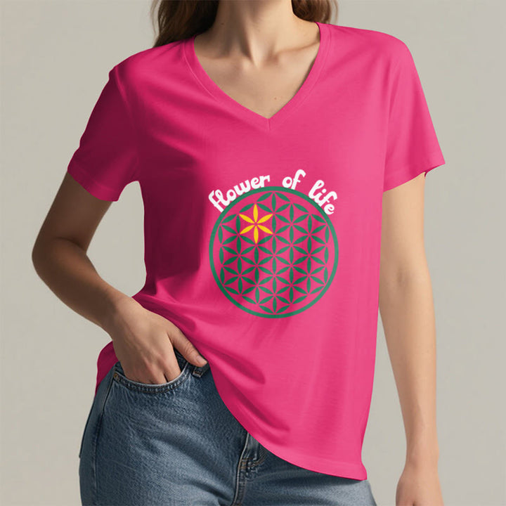 Camiseta informal con cuello en V y estampado bohemio de la Flor de la Vida de Olivenorma - image 31