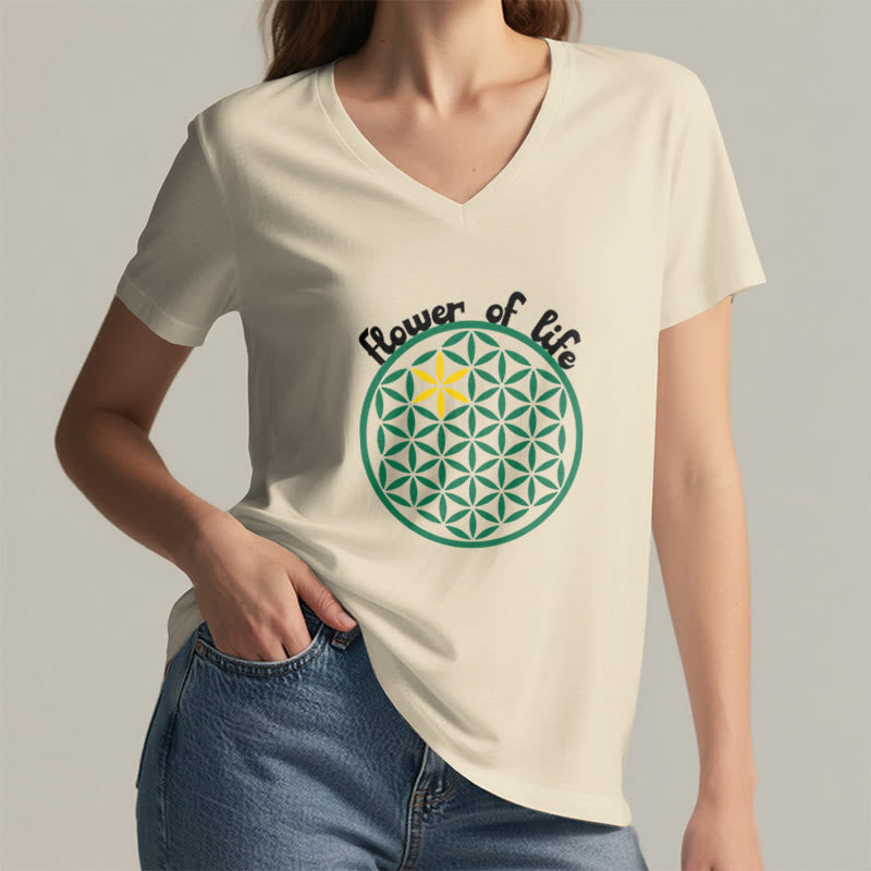 Camiseta informal con cuello en V y estampado bohemio de la Flor de la Vida de Olivenorma - image 2