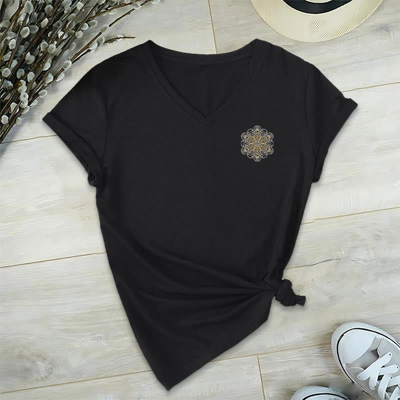 Camiseta de cuello en V con estampado geométrico de doble cara del Cubo de Metatrón de Olivenorma  - image 11