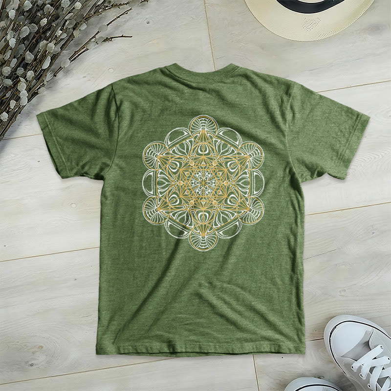 Camiseta de cuello en V con estampado geométrico de doble cara del Cubo de Metatrón de Olivenorma  - Aceituna - 2XL - image 20
