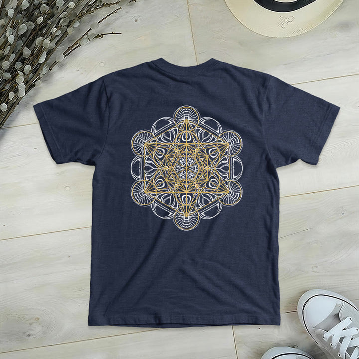 Camiseta de cuello en V con estampado geométrico de doble cara del Cubo de Metatrón de Olivenorma  - Marina de guerra - 2XL - image 3