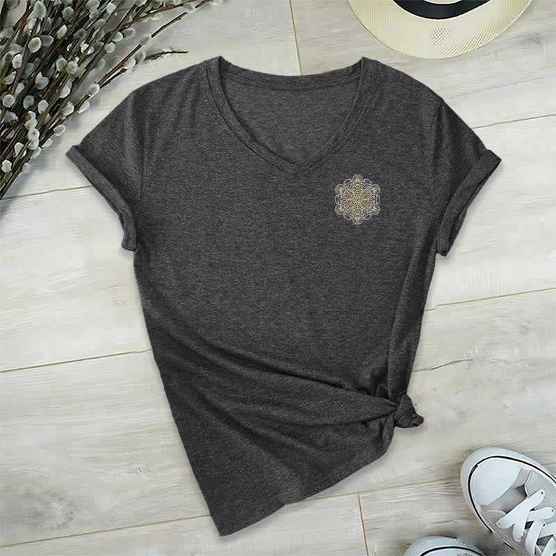 Camiseta de cuello en V con estampado geométrico de doble cara del Cubo de Metatrón de Olivenorma  - image 17