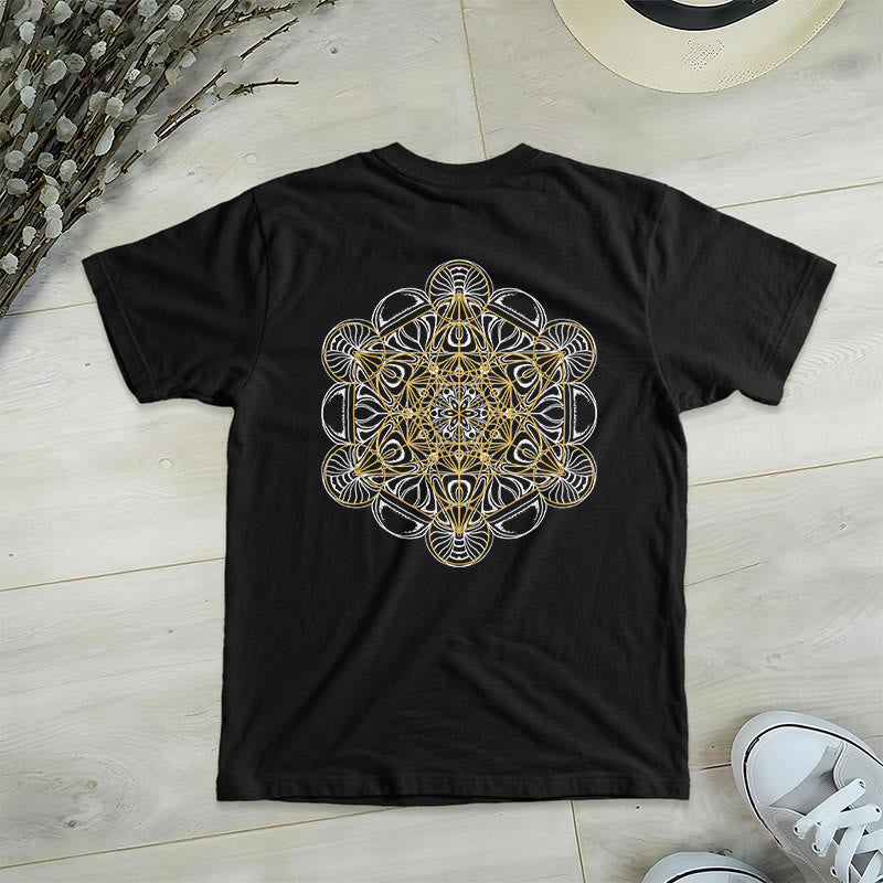 Camiseta de cuello en V con estampado geométrico de doble cara del Cubo de Metatrón de Olivenorma  - Negro - 2XL - image 10