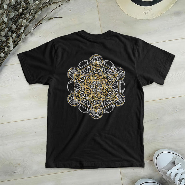 Camiseta de cuello en V con estampado geométrico de doble cara del Cubo de Metatrón de Olivenorma  - Negro - 2XL - image 10