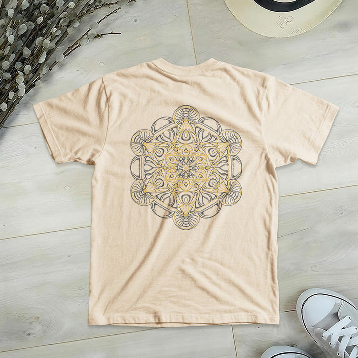 Camiseta de cuello en V con estampado geométrico de doble cara del Cubo de Metatrón de Olivenorma  - Beige - 2XL - image 14