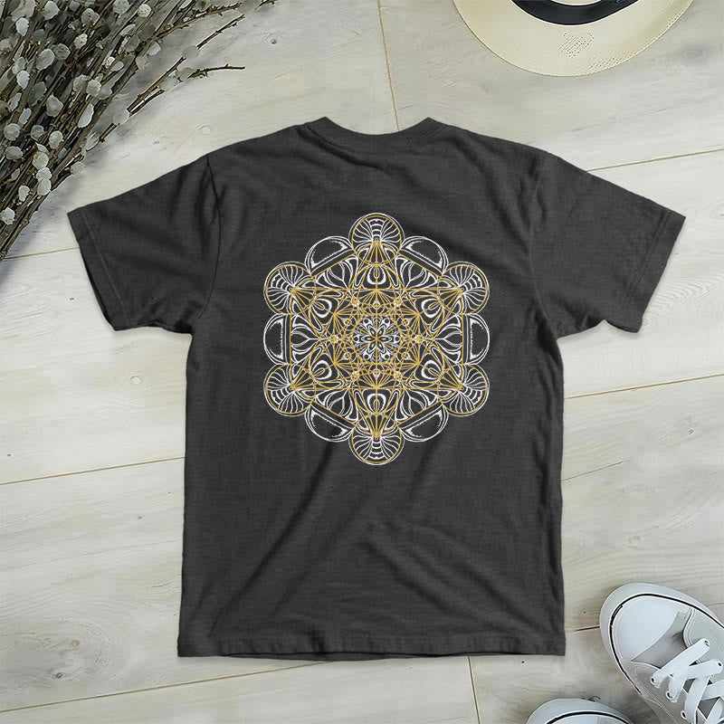 Camiseta de cuello en V con estampado geométrico de doble cara del Cubo de Metatrón de Olivenorma  - Gris - 2XL - image 16