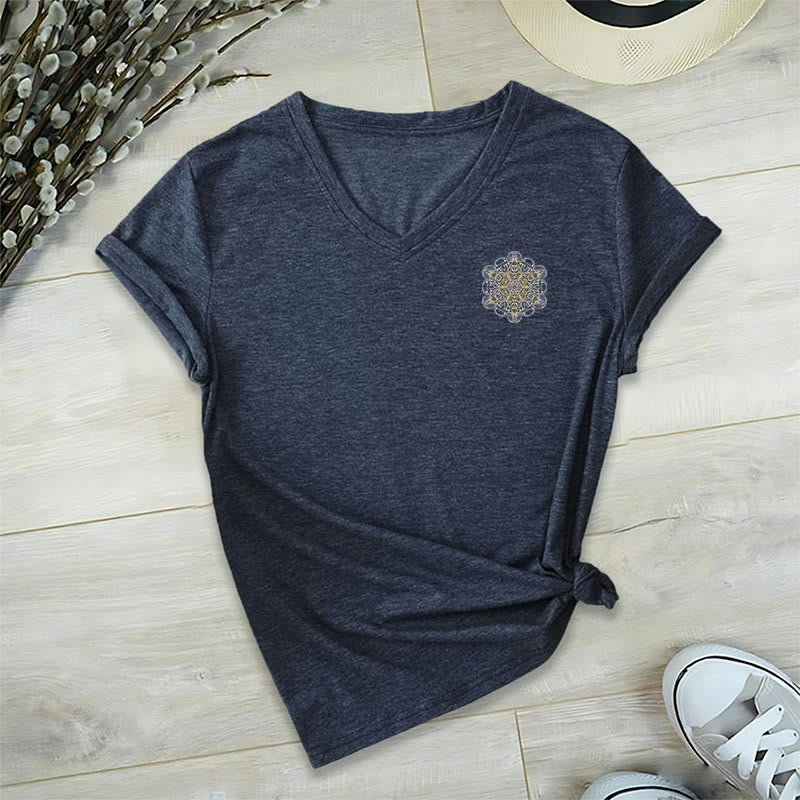 Camiseta de cuello en V con estampado geométrico de doble cara del Cubo de Metatrón de Olivenorma  - image 4