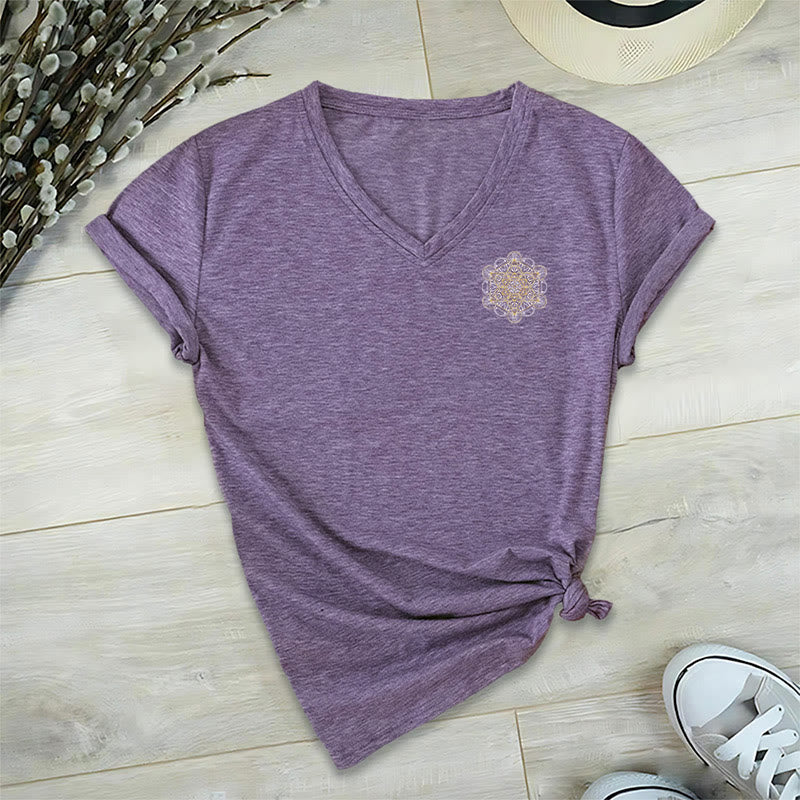 Camiseta de cuello en V con estampado geométrico de doble cara del Cubo de Metatrón de Olivenorma  - image 19