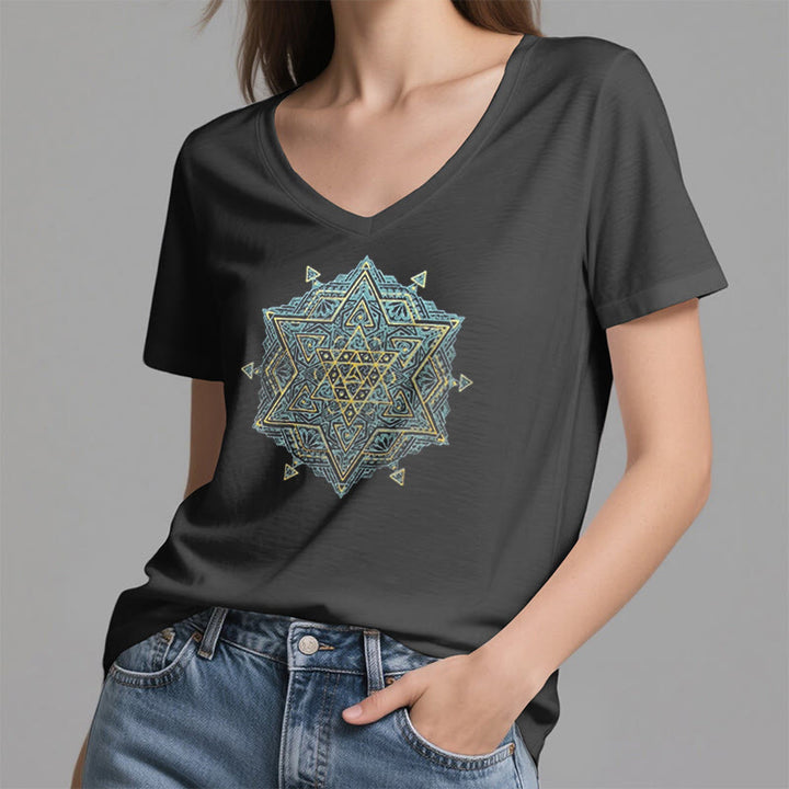 Camiseta de cuello en V con el símbolo del cubo de Metatro de Olivenorma , geometría sagrada, sanación y espiritualidad. - image 3