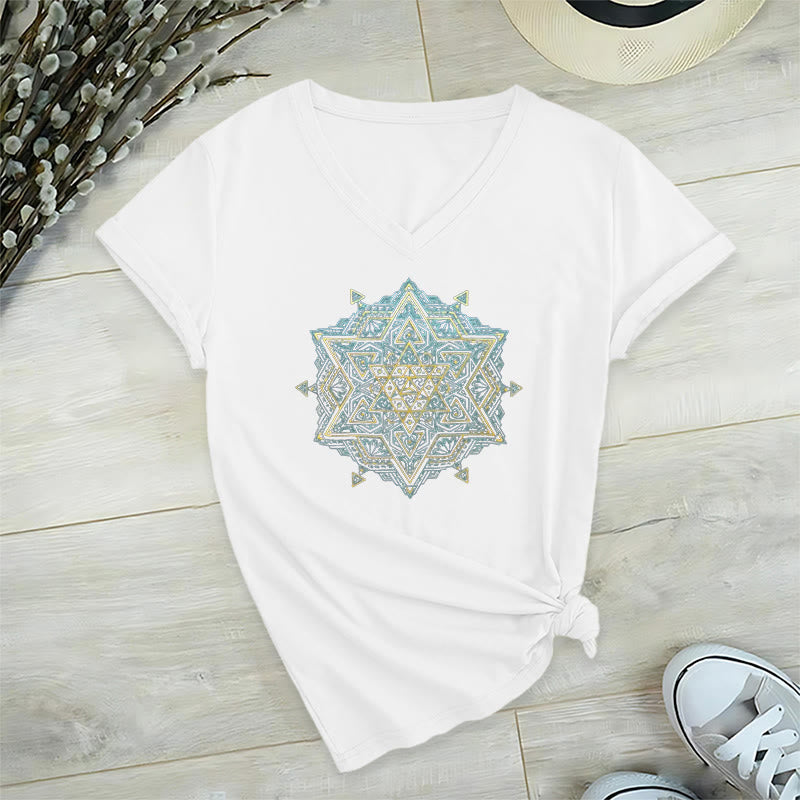 Camiseta de cuello en V con el símbolo del cubo de Metatro de Olivenorma , geometría sagrada, sanación y espiritualidad. - Blanco - 2XL - image 13