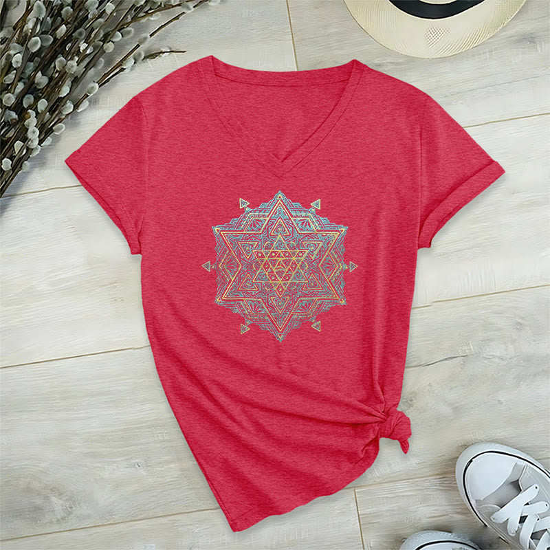 Camiseta de cuello en V con el símbolo del cubo de Metatro de Olivenorma , geometría sagrada, sanación y espiritualidad. - Rojo - 2XL - image 31