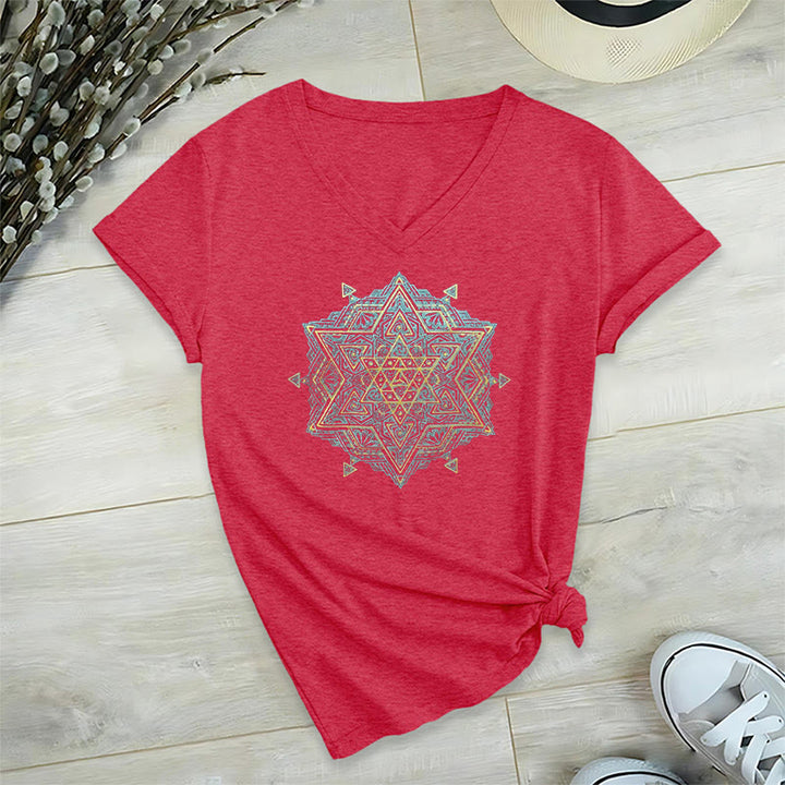 Camiseta de cuello en V con el símbolo del cubo de Metatro de Olivenorma , geometría sagrada, sanación y espiritualidad. - Rojo - 2XL - image 31