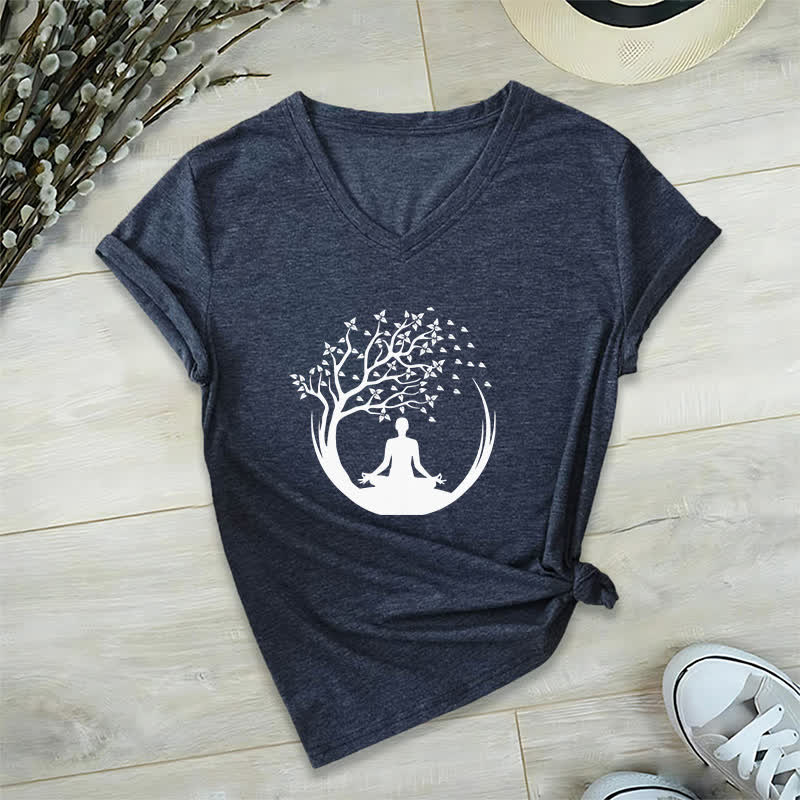 Olivenorma Yoga Meditación Pilates Namaste Camiseta de cuello en V - Azul marino - 2XL - image 4