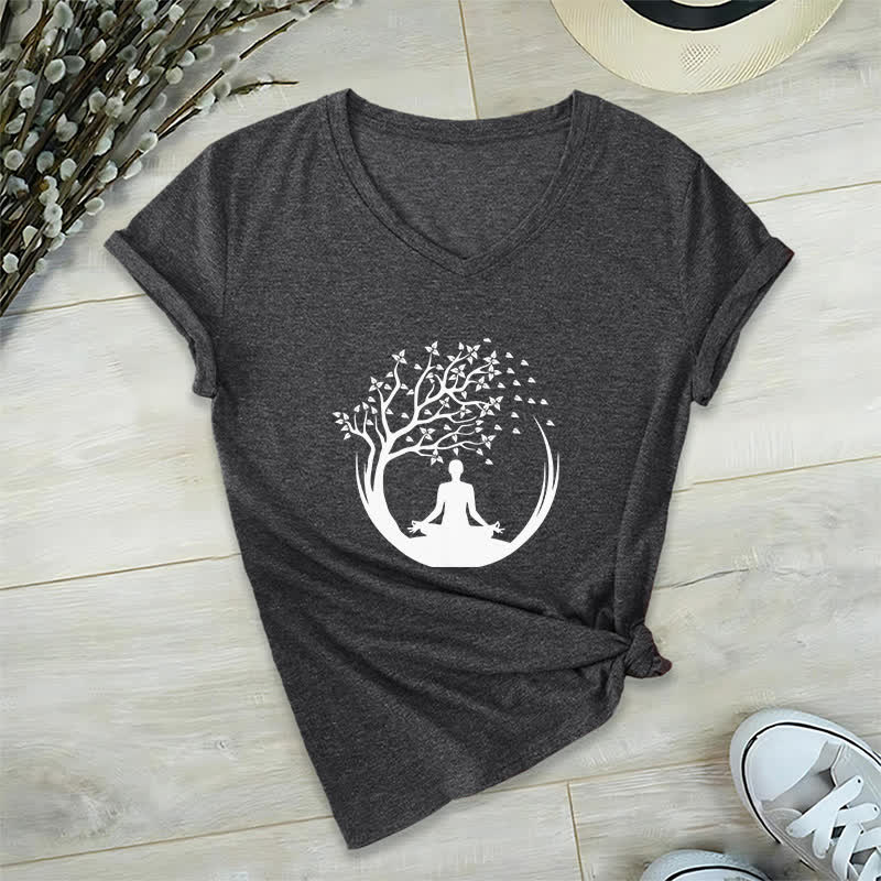 Olivenorma Yoga Meditación Pilates Namaste Camiseta de cuello en V - Gris - 2XL - image 10
