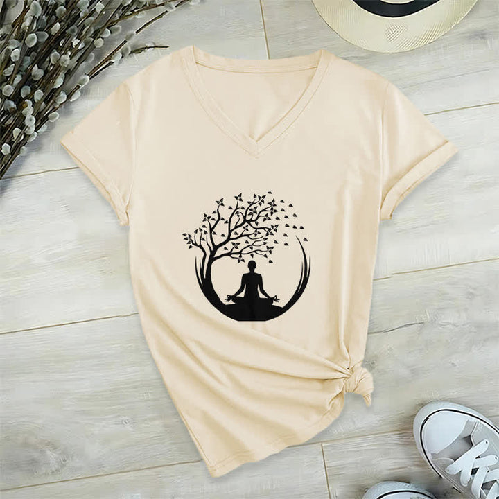 Olivenorma Yoga Meditación Pilates Namaste Camiseta de cuello en V - Caqui - 2XL - image 22